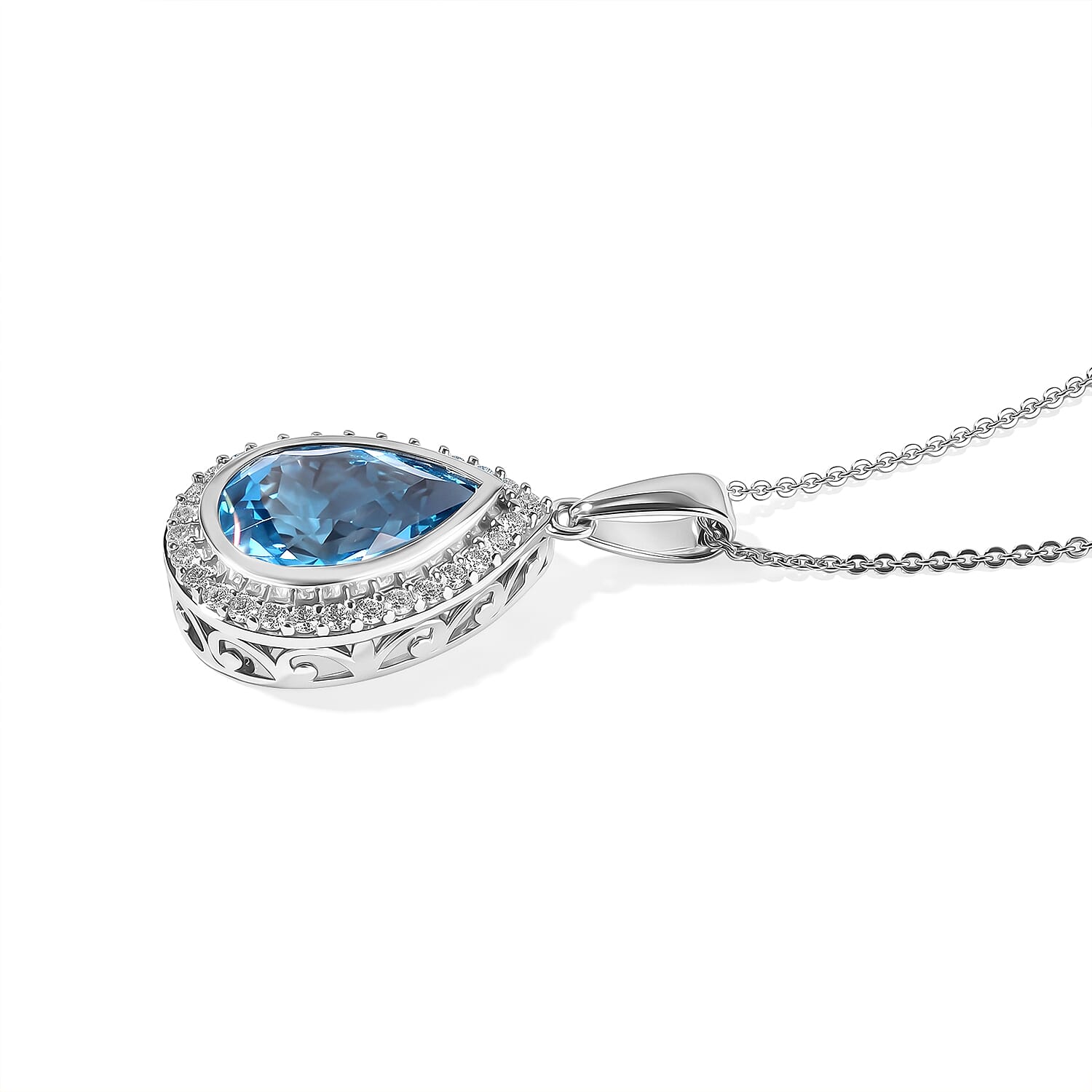 D'Joy Premium Swiss Blue Topaz and Moissanite 5.50 ctw Dew Drop Pendant Necklace in Rhodium Over Sterling Silver 20 Inches
