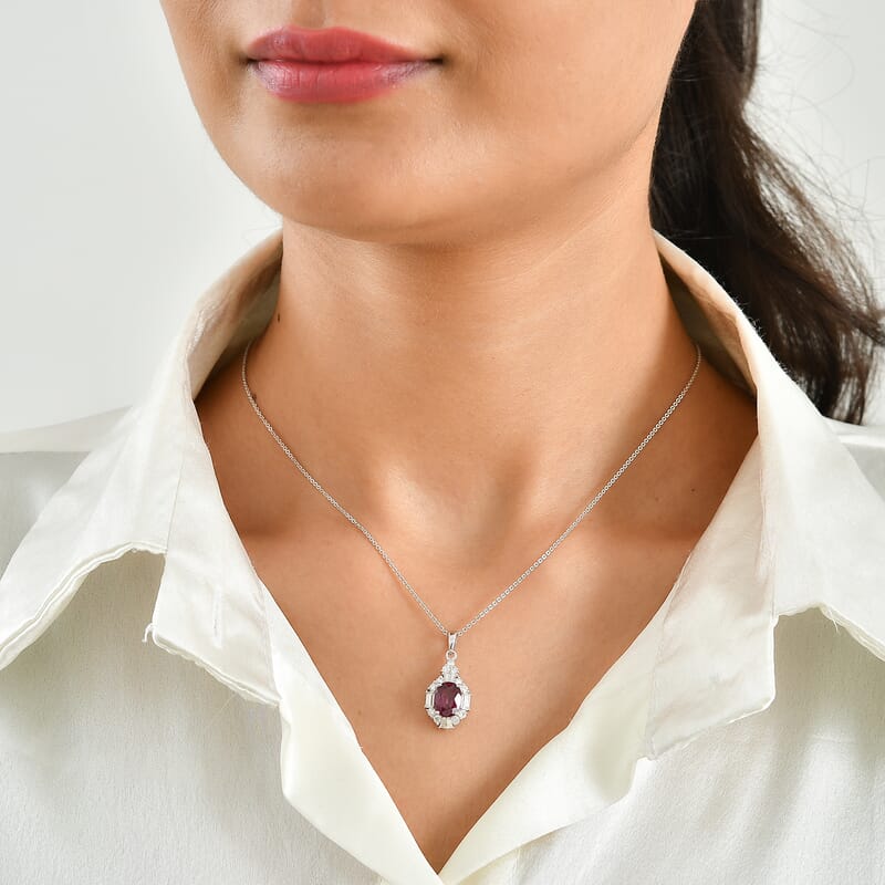 Certified and Appraised D'Joy Premium Usambara Color Change Garnet and Moissanite 3.10 ctw Pendant Necklace in Rhodium Over Sterling Silver 18 Inches