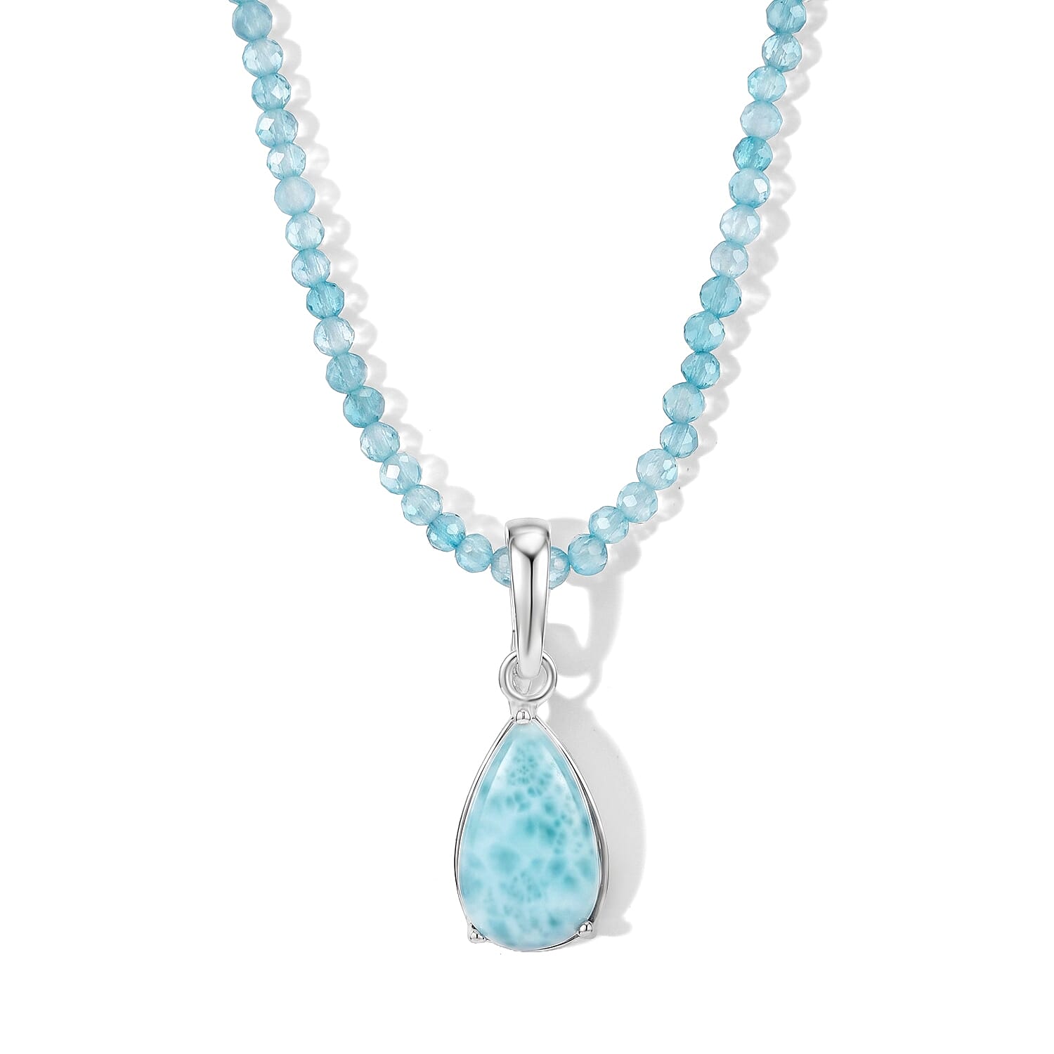 D'Joy AAA Larimar and Apatite 37.75 ctw Pendant with Beaded Necklace in Rhodium Over Sterling Silver 20 Inches