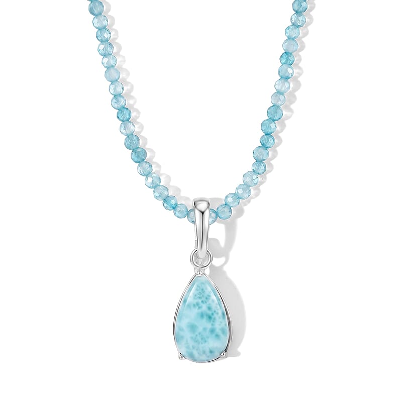D'Joy AAA Larimar and Apatite 37.75 ctw Pendant with Beaded Necklace in Rhodium Over Sterling Silver 20 Inches