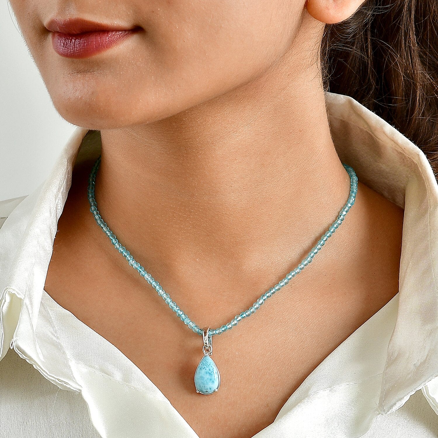 D'Joy AAA Larimar and Apatite 37.75 ctw Pendant with Beaded Necklace in Rhodium Over Sterling Silver 20 Inches