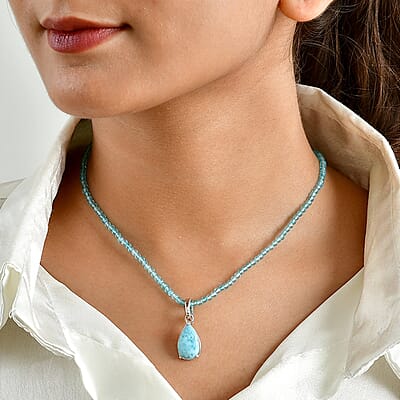 D'Joy AAA Larimar and Apatite 37.75 ctw Pendant with Beaded Necklace in Rhodium Over Sterling Silver 20 Inches