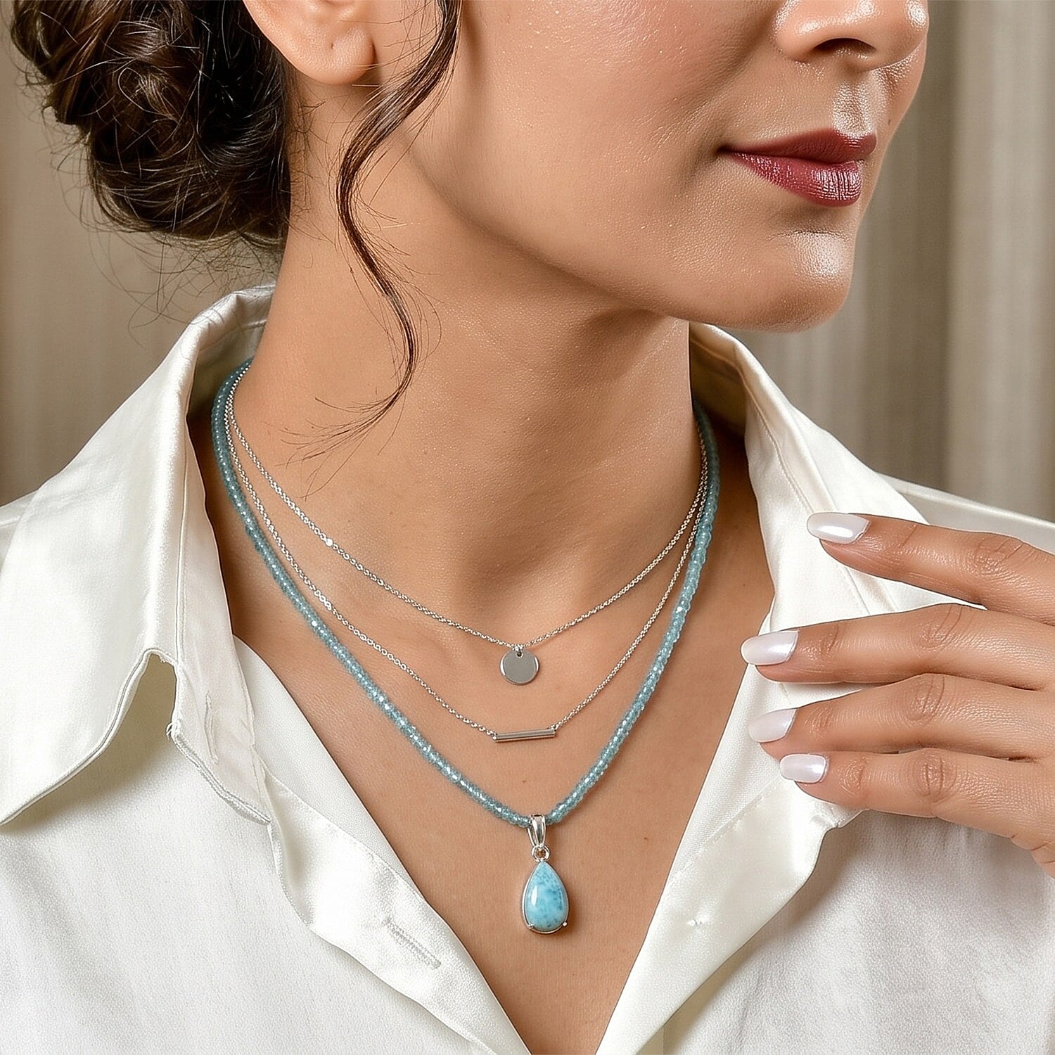 D'Joy AAA Larimar and Apatite 37.75 ctw Pendant with Beaded Necklace in Rhodium Over Sterling Silver 20 Inches