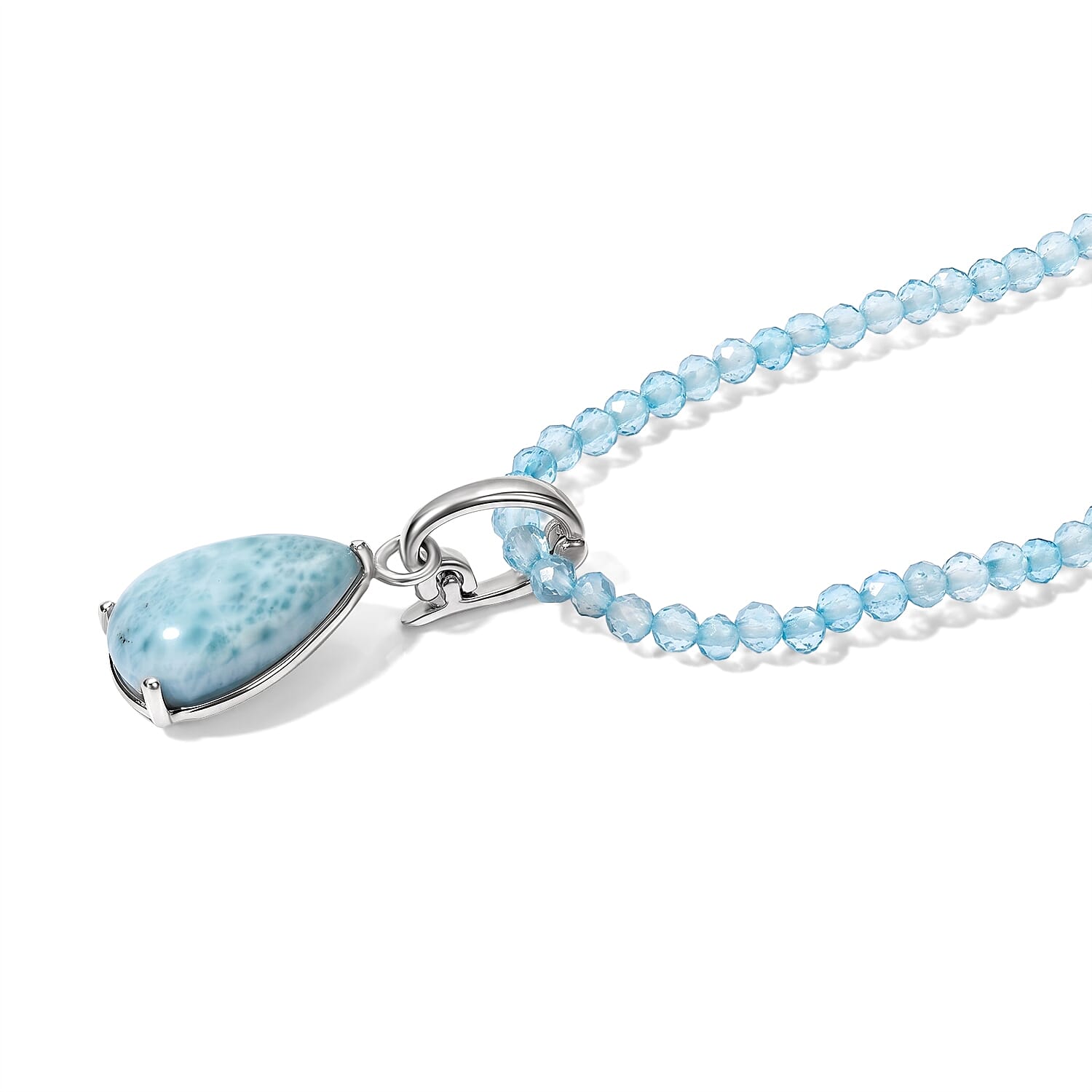 D'Joy AAA Larimar and Apatite 37.75 ctw Pendant with Beaded Necklace in Rhodium Over Sterling Silver 20 Inches