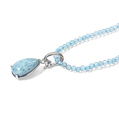 D'Joy AAA Larimar and Apatite 37.75 ctw Pendant with Beaded Necklace in Rhodium Over Sterling Silver 20 Inches