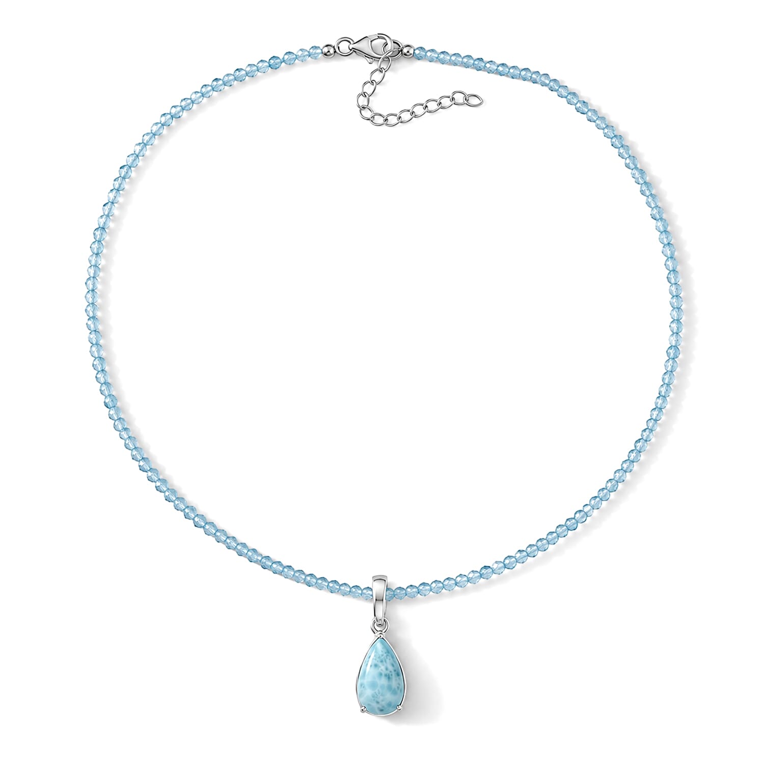 D'Joy AAA Larimar and Apatite 37.75 ctw Pendant with Beaded Necklace in Rhodium Over Sterling Silver 20 Inches