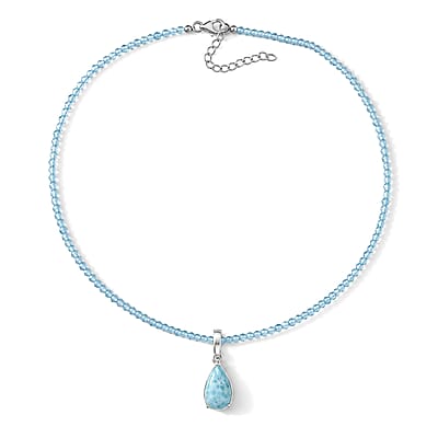 D'Joy AAA Larimar and Apatite 37.75 ctw Pendant with Beaded Necklace in Rhodium Over Sterling Silver 20 Inches