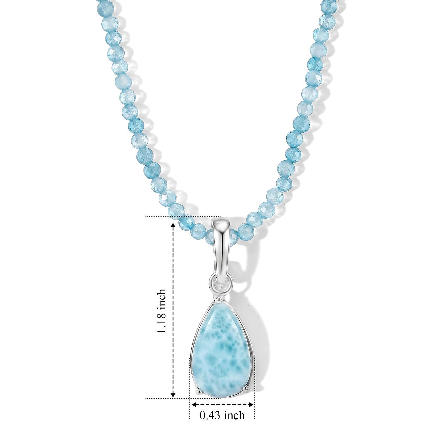 D'Joy AAA Larimar and Apatite 37.75 ctw Pendant with Beaded Necklace in Rhodium Over Sterling Silver 20 Inches