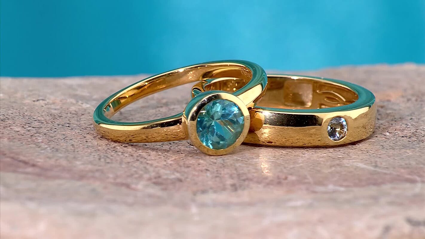 D''Joy Blue Apatite and Mangoro Aquamarine 1.15 ctw Set of 2 Ring in 18K Vermeil Yellow Gold Over Sterling Silver (Size 7.00)