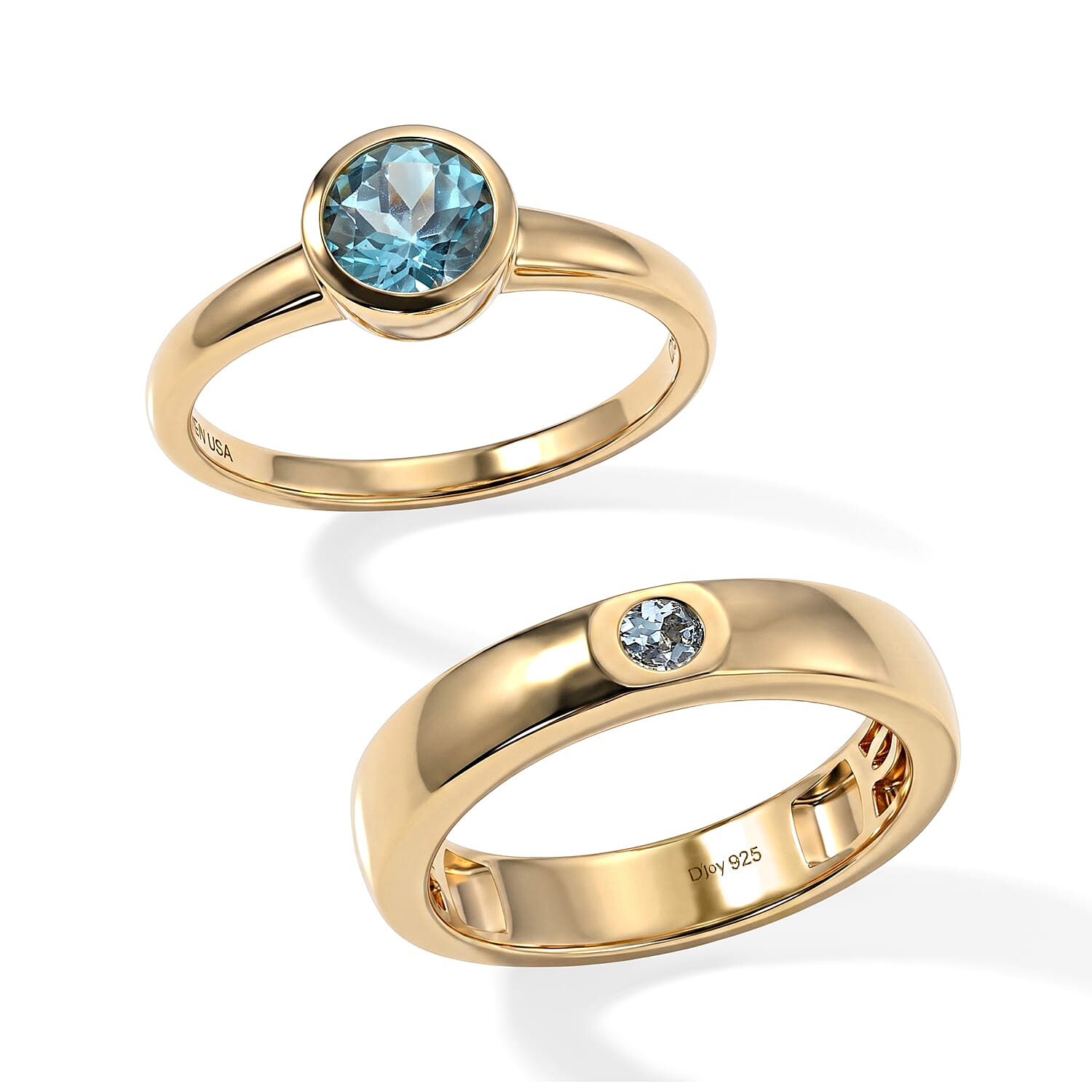 D'Joy Blue Apatite and Mangoro Aquamarine 1.15 ctw Set of 2 Ring in 18K Vermeil Yellow Gold Over Sterling Silver (Size 7.00)
