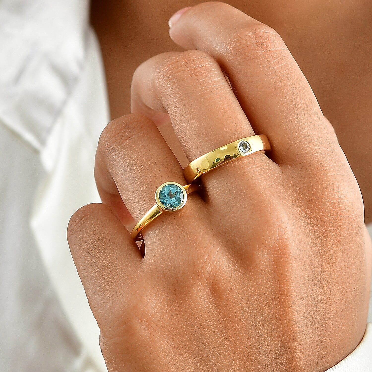D'Joy Blue Apatite and Mangoro Aquamarine 1.15 ctw Set of 2 Ring in 18K Vermeil Yellow Gold Over Sterling Silver (Size 7.00)