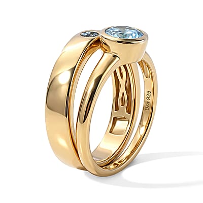 D'Joy Blue Apatite and Mangoro Aquamarine 1.15 ctw Set of 2 Ring in 18K Vermeil Yellow Gold Over Sterling Silver (Size 7.00)