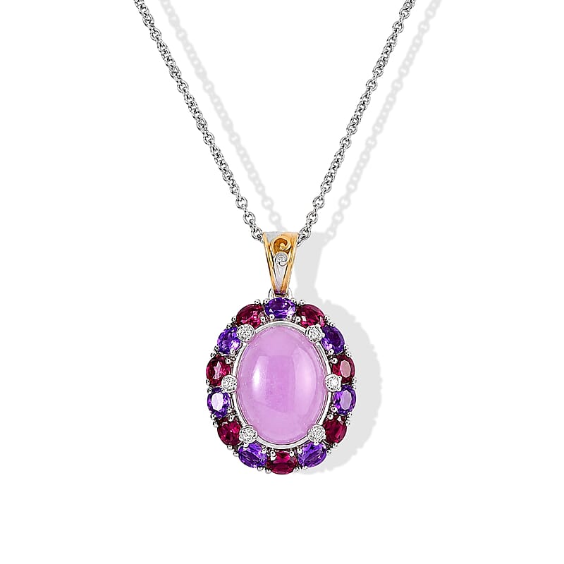 EverTrue Kunzite and Multi Gemstone 13.75 ctw Pendant in 18K YG Plated and Platinum Bond with Stainless Steel Necklace 20 Inches