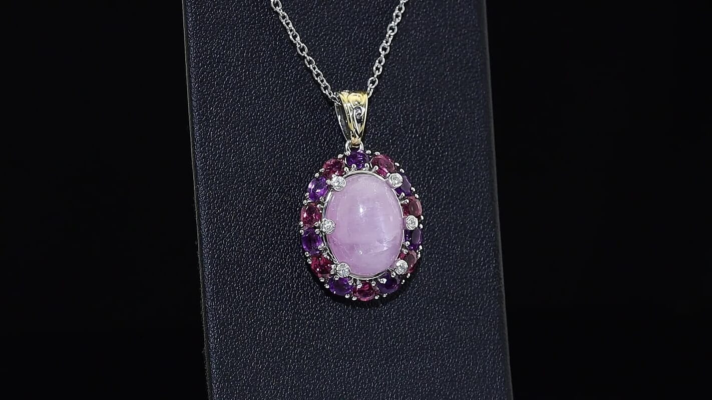 EverTrue Kunzite and Multi Gemstone 13.75 ctw Pendant in 18K YG Plated and Platinum Bond with Stainless Steel Necklace 20 Inches