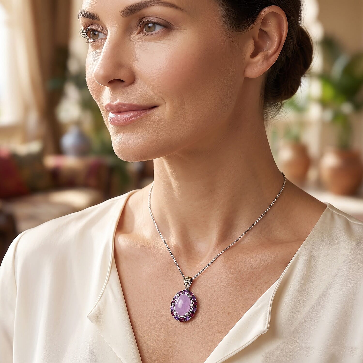 EverTrue Kunzite and Multi Gemstone 13.75 ctw Pendant in 18K YG Plated and Platinum Bond with Stainless Steel Necklace 20 Inches