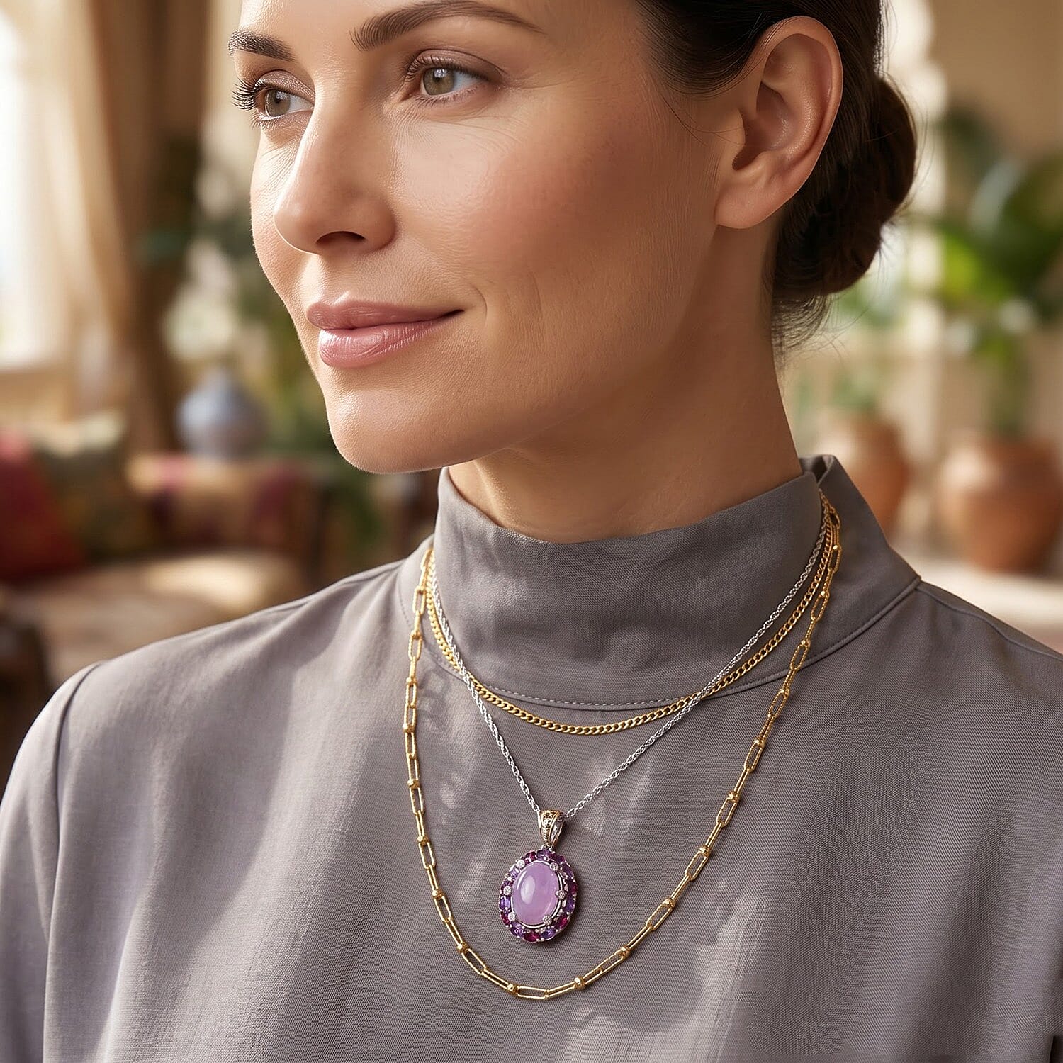 EverTrue Kunzite and Multi Gemstone 13.75 ctw Pendant in 18K YG Plated and Platinum Bond with Stainless Steel Necklace 20 Inches