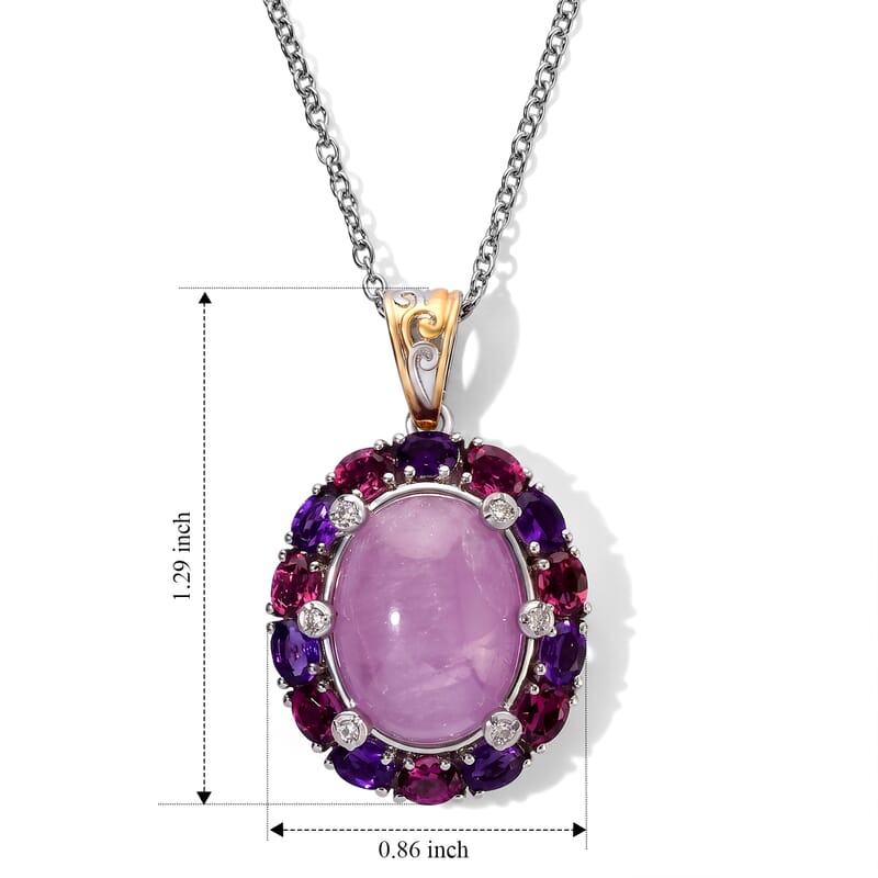 EverTrue Kunzite and Multi Gemstone 13.75 ctw Two Tone Imperial Rosette Pendant in 18K YG Plated and Platinum Bond with Stainless Steel Necklace 20 Inches