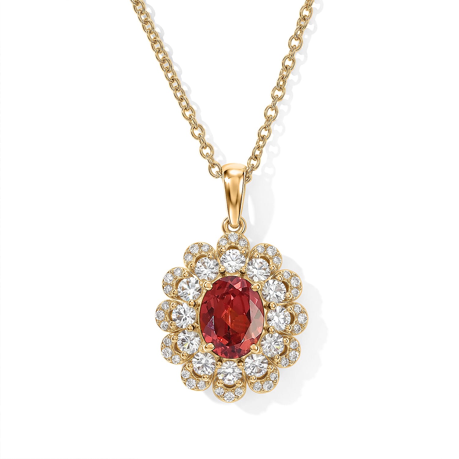 EverTrue Lab Created Padparadscha Sapphire and White Zircon 4.70 ctw Pendant in 18K YG Plated with Stainless Steel Necklace (20 Inches)