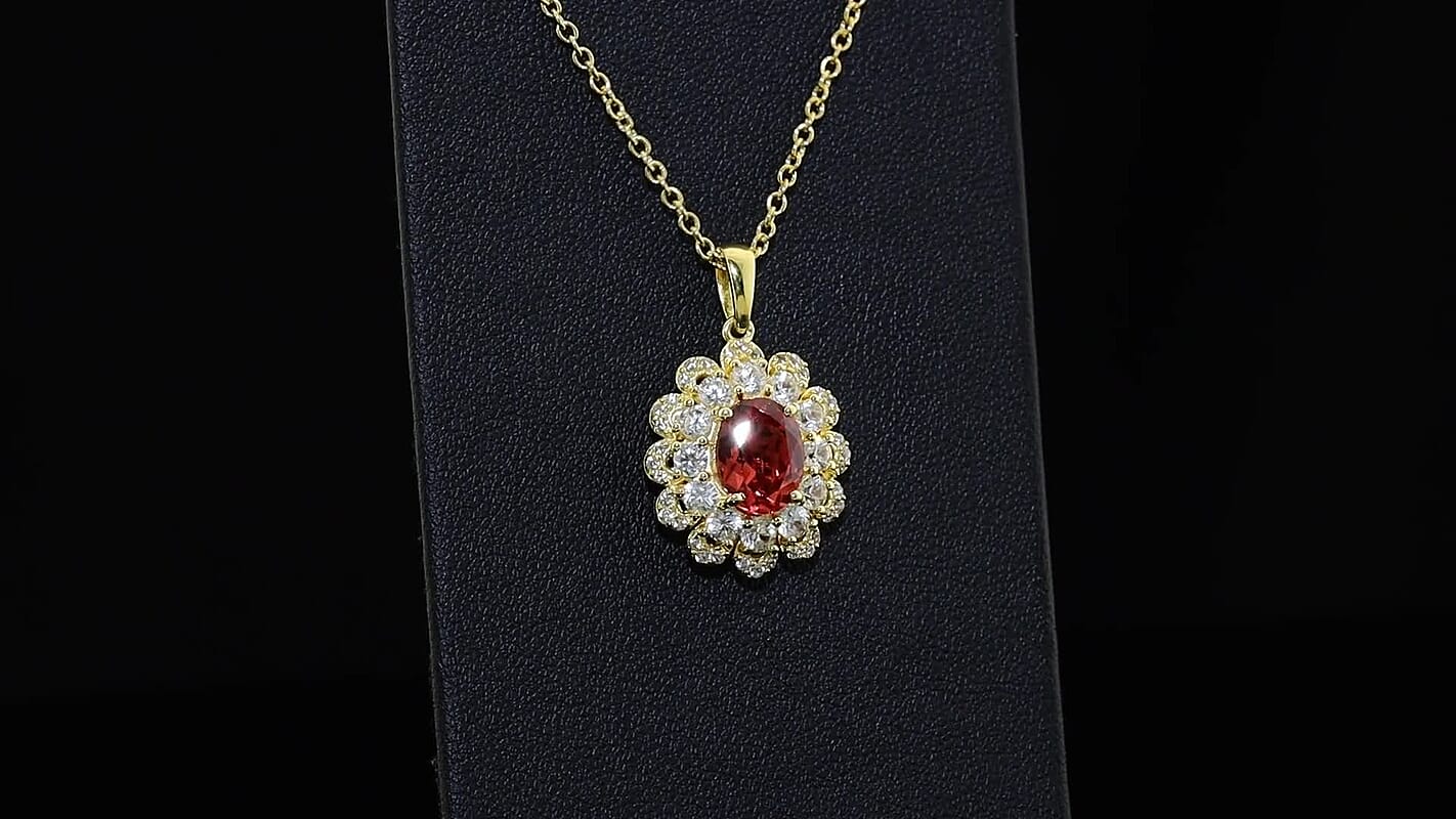 EverTrue Lab Created Padparadscha Sapphire and White Zircon 4.70 ctw Pendant in 18K YG Plated with Stainless Steel Necklace (20 Inches)