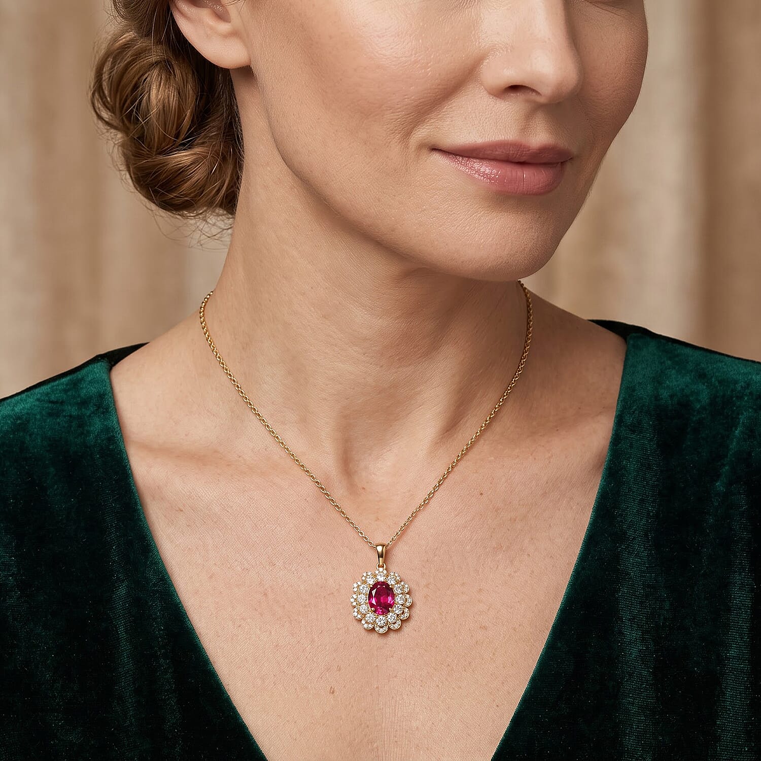 EverTrue Lab Created Padparadscha Sapphire and White Zircon 4.70 ctw Pendant in 18K YG Plated with Stainless Steel Necklace (20 Inches)