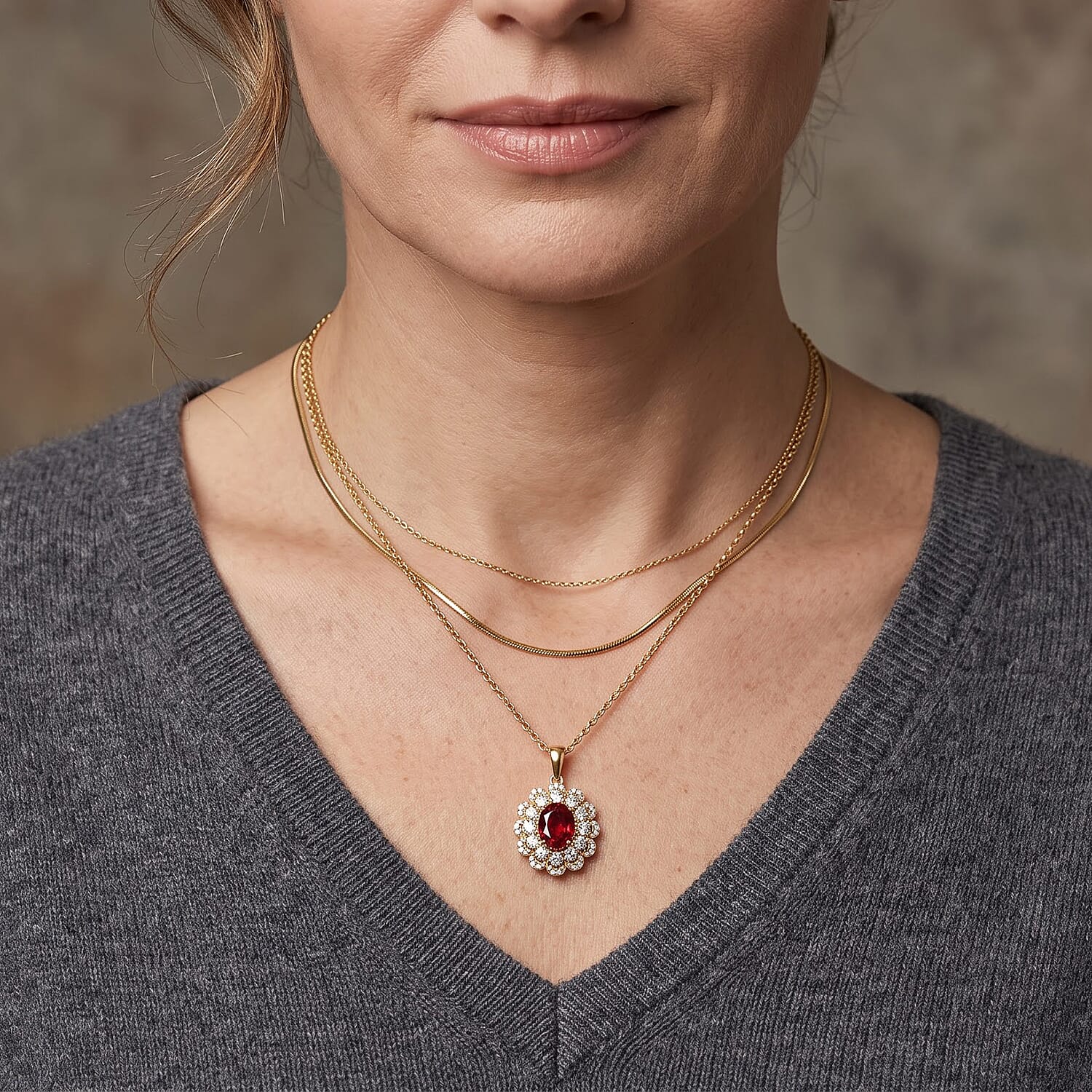 EverTrue Lab Created Padparadscha Sapphire and White Zircon 4.70 ctw Pendant in 18K YG Plated with Stainless Steel Necklace (20 Inches)