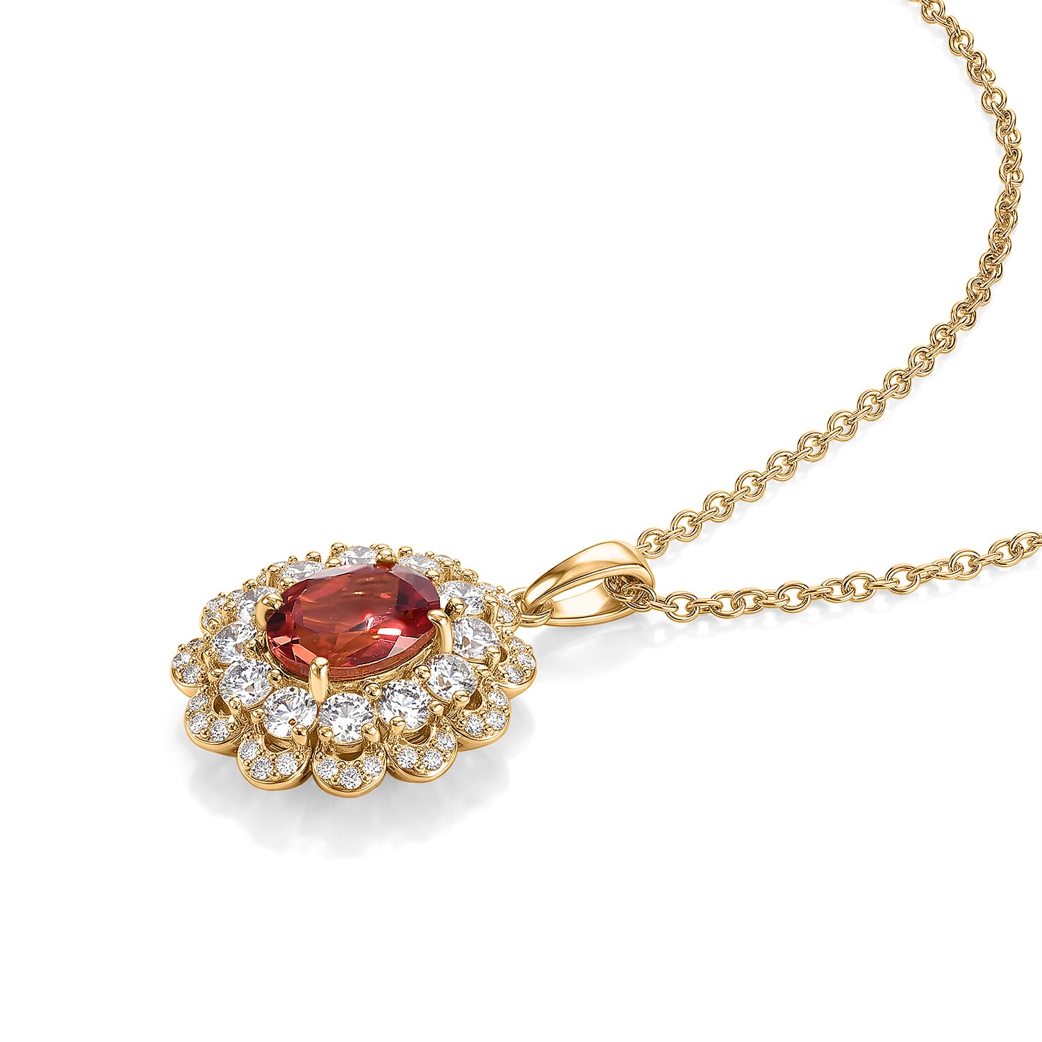 EverTrue Lab Created Padparadscha Sapphire and White Zircon 4.70 ctw Pendant in 18K YG Plated with Stainless Steel Necklace (20 Inches)