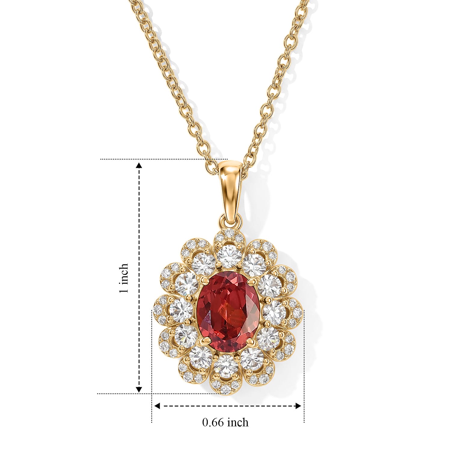 EverTrue Lab Created Padparadscha Sapphire and White Zircon 4.70 ctw Pendant in 18K YG Plated with Stainless Steel Necklace (20 Inches)