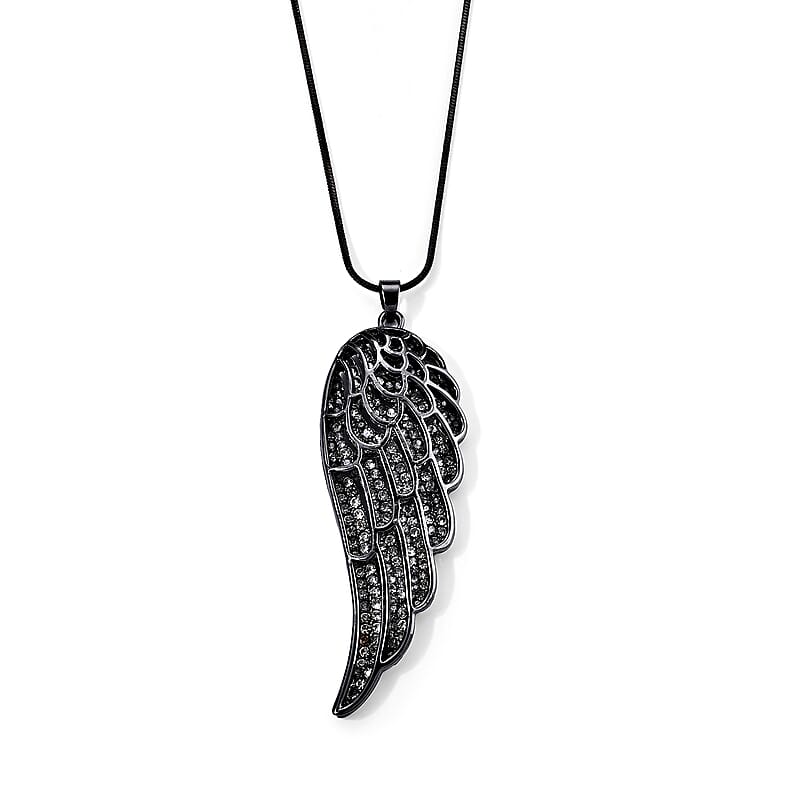Austrian Crystal Angel Wing Pendant Necklace (29.50 Inches) in Black Silvertone