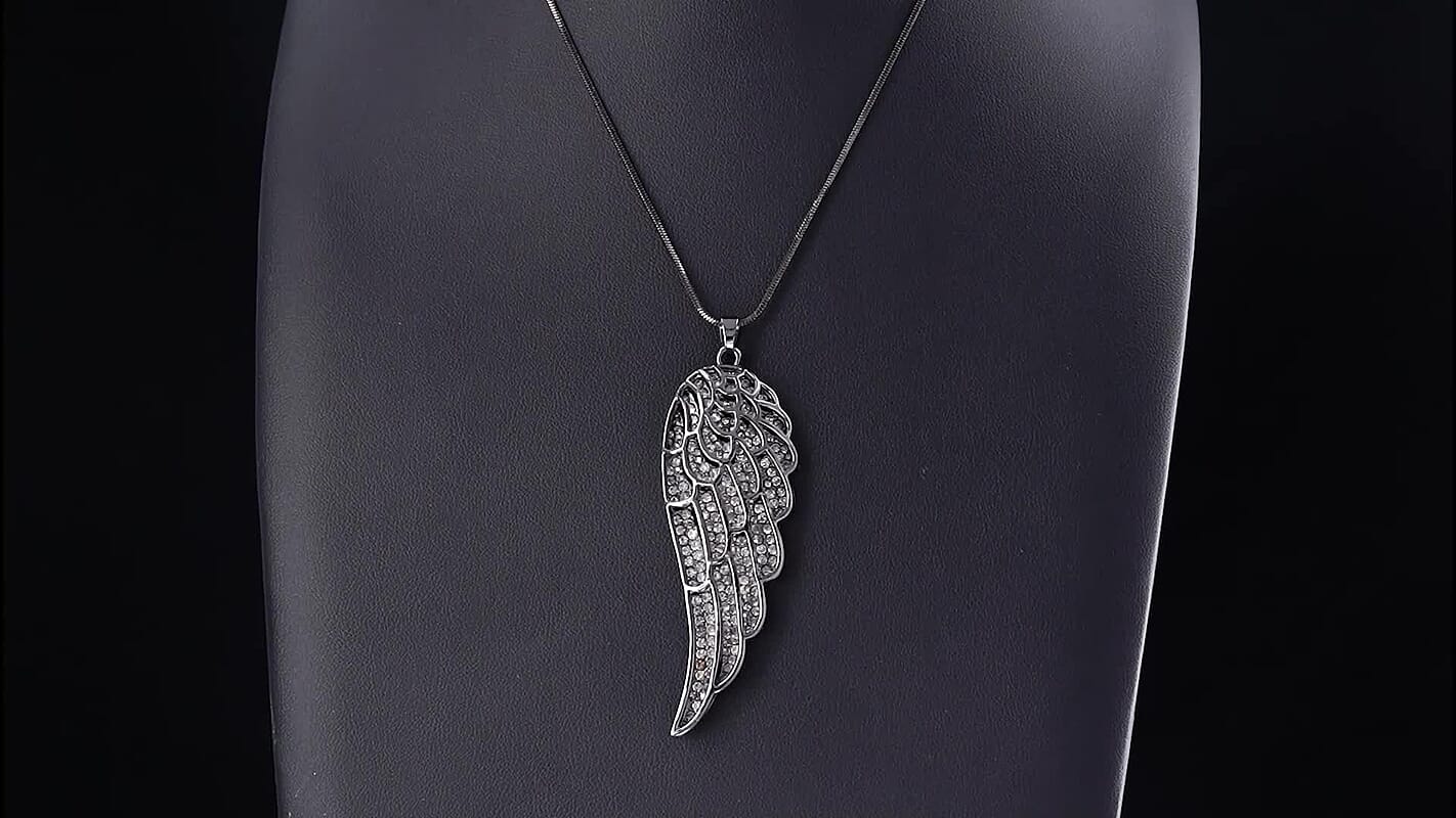 Austrian Crystal Angel Wing Pendant Necklace (29.50 Inches) in Black Silvertone