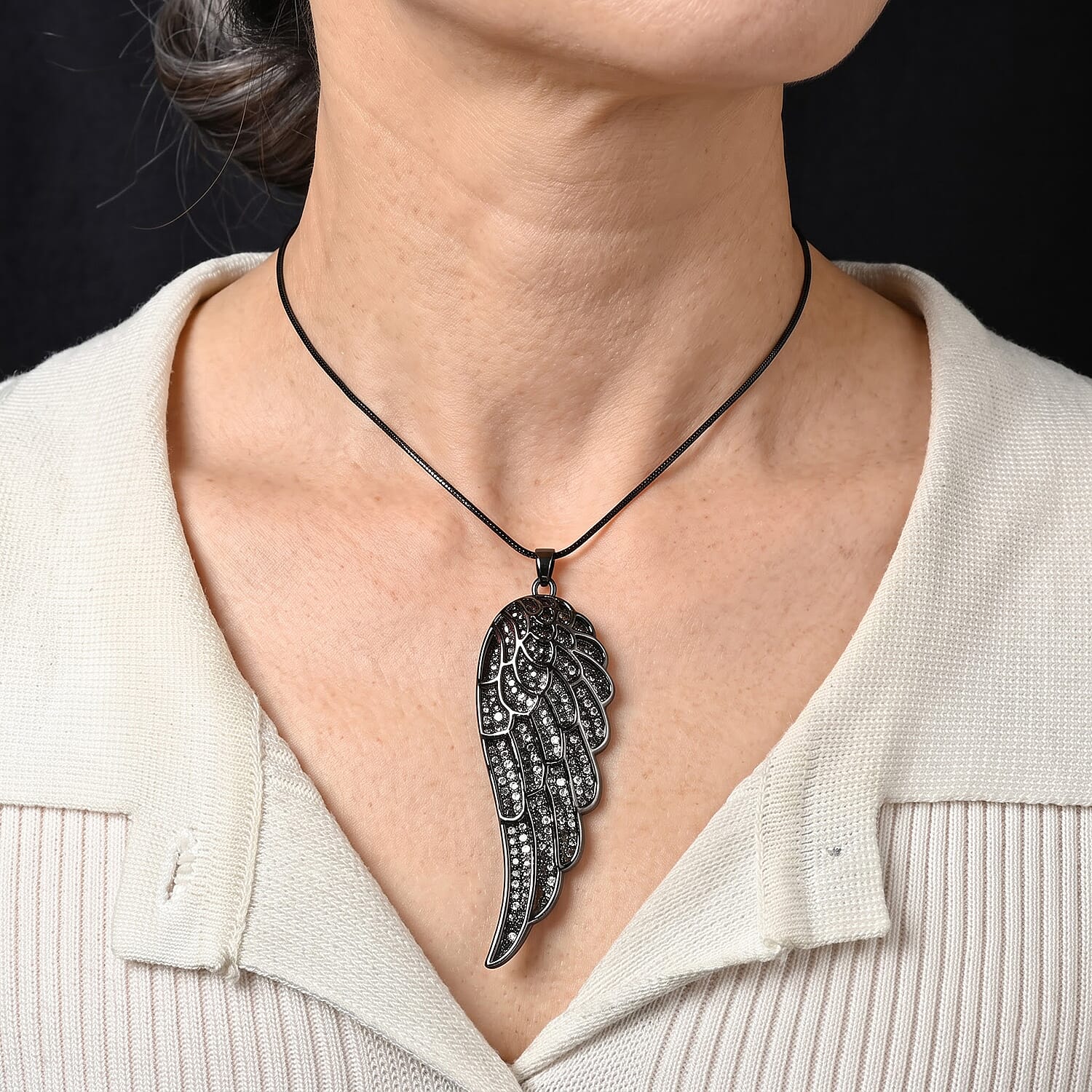Austrian Crystal Angel Wing Pendant Necklace (29.50 Inches) in Black Silvertone