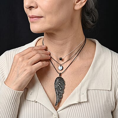 Austrian Crystal Angel Wing Pendant Necklace (29.50 Inches) in Black Silvertone
