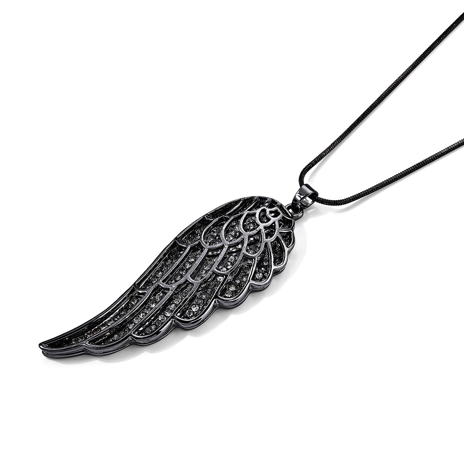 Austrian Crystal Angel Wing Pendant Necklace (29.50 Inches) in Black Silvertone
