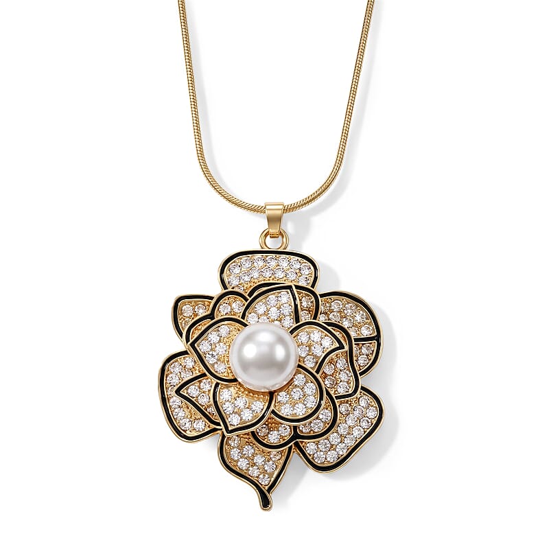 Austrian Crystal, White Glass Floral Pendant Necklace (29.50-31.50 Inches) in Goldtone