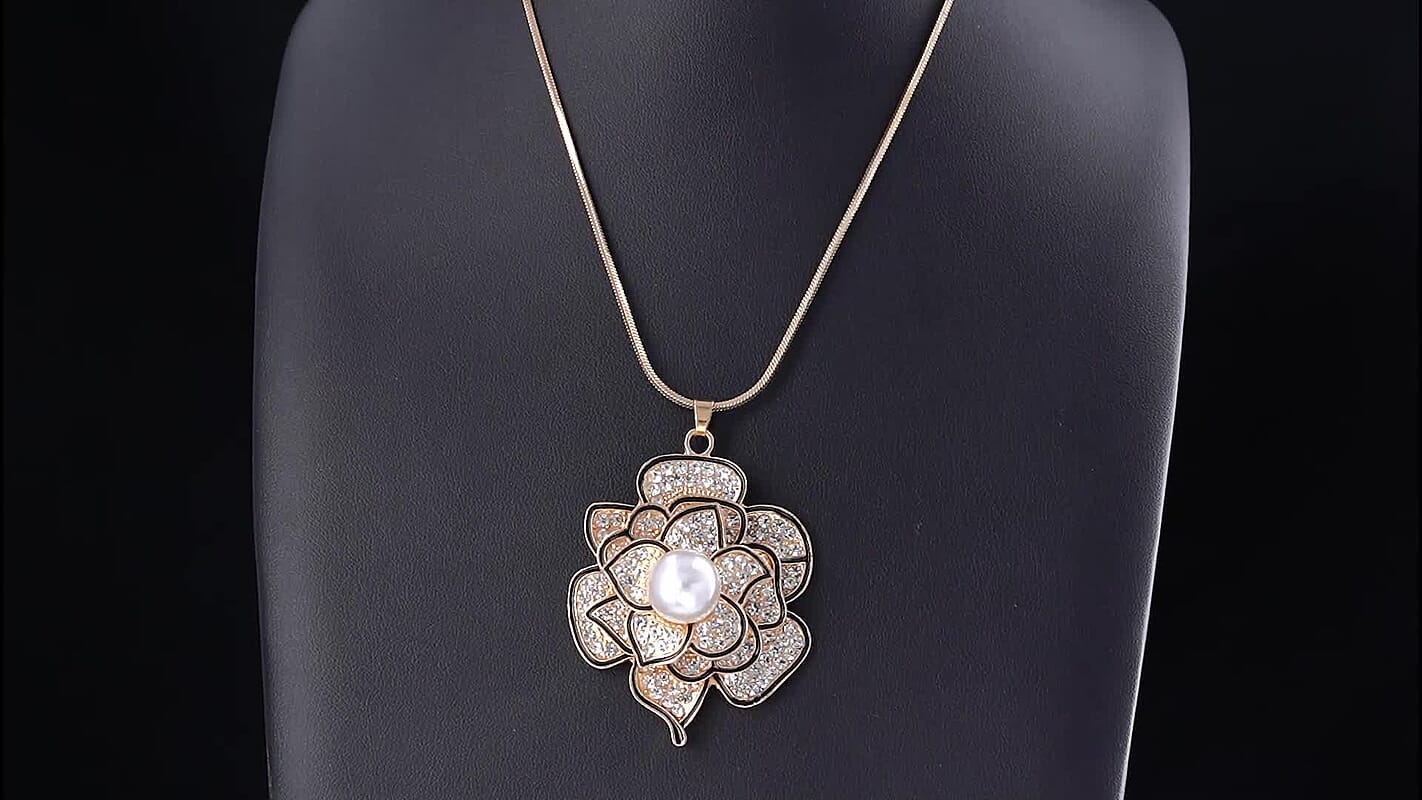 Austrian Crystal, White Glass Floral Pendant Necklace (29.50-31.50 Inches) in Goldtone