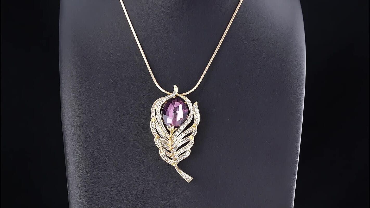 Austrian Crystal and Purple Glass Feather Pendant Necklace (29.50-31.50 Inches) in Goldtone