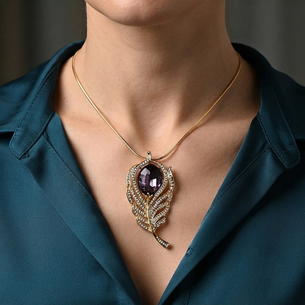 Austrian Crystal and Purple Glass Feather Pendant Necklace (29.50-31.50 Inches) in Goldtone