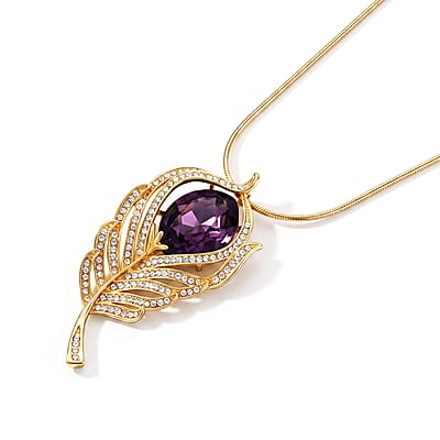 Austrian Crystal and Purple Glass Feather Pendant Necklace (29.50-31.50 Inches) in Goldtone