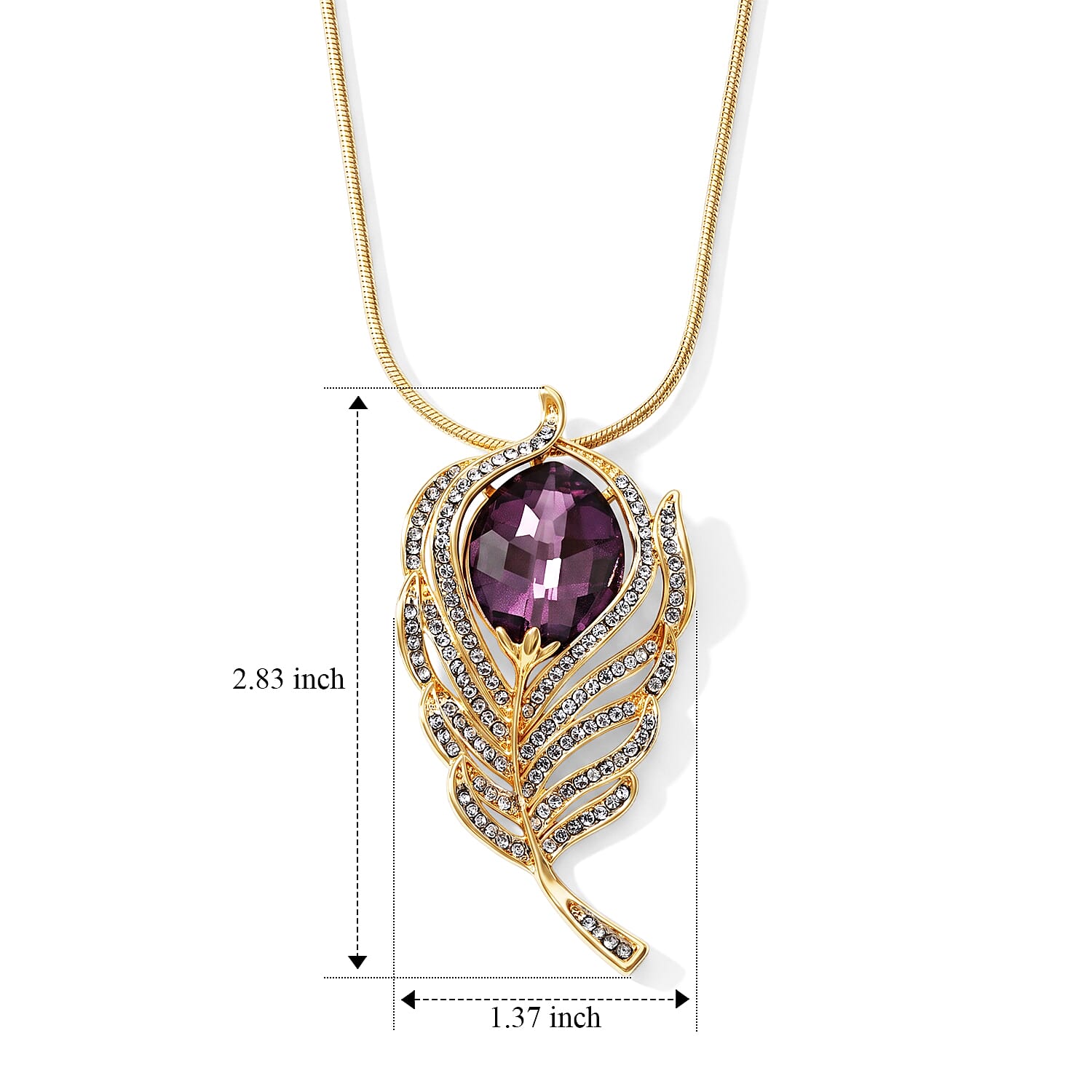 Austrian Crystal and Purple Glass Feather Pendant Necklace (29.50-31.50 Inches) in Goldtone