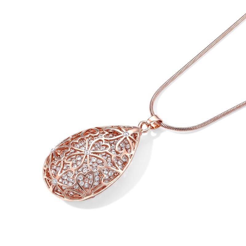 Austrian Crystal Sparkle Teardrop Pendant Necklace (29.50-31.50 Inches) in Rosetone