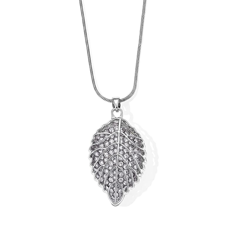 Austrian Crystal Leaf Pendant Necklace (29.50-31.50 Inches) in Silvertone