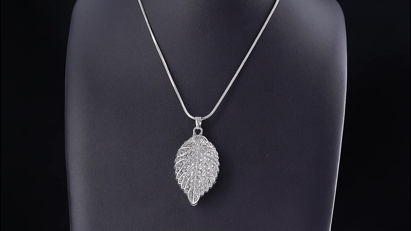 Austrian Crystal Leaf Pendant Necklace (29.50-31.50 Inches) in Silvertone