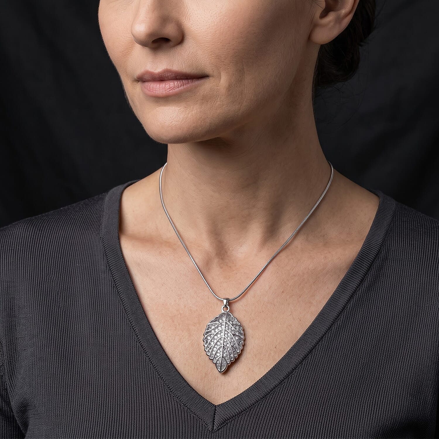 Austrian Crystal Leaf Pendant Necklace (29.50-31.50 Inches) in Silvertone