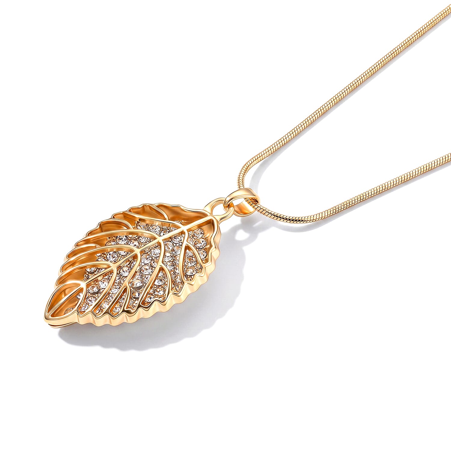 Austrian Crystal Sparkle Leaf Pendant Necklace (29.50-31.50 Inches) in Goldtone