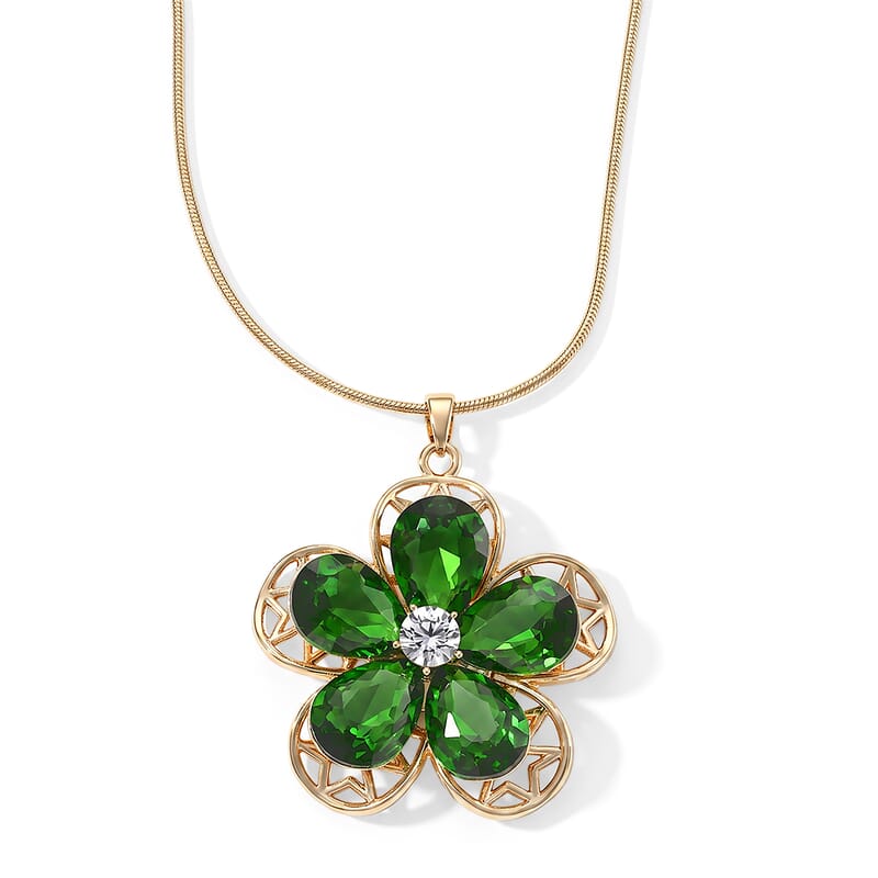 Green Glass, Austrian Crystal Flower Pendant Necklace (29.5-31.5Inches) in Goldtone