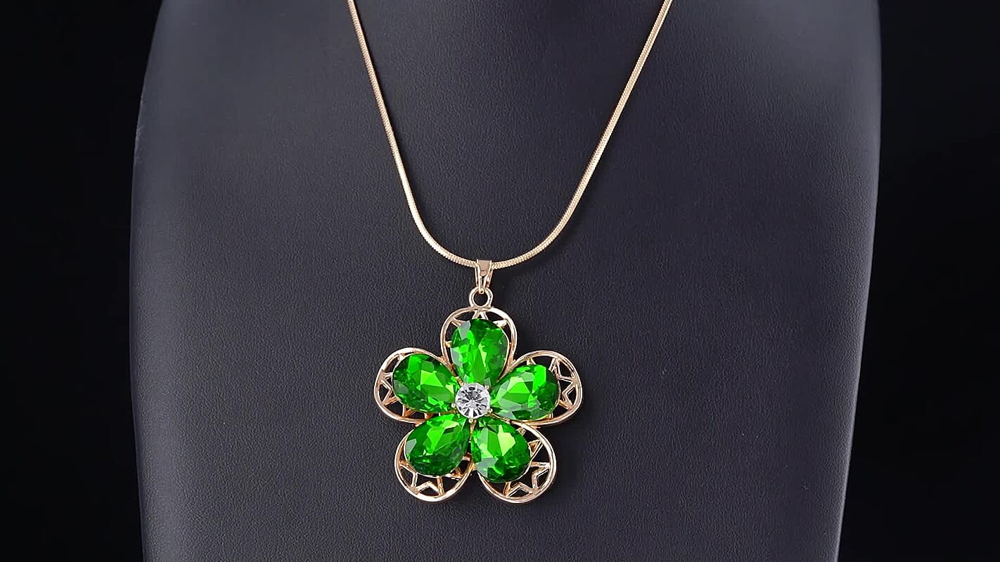 Green Glass, Austrian Crystal Flower Pendant Necklace (29.5-31.5Inches) in Goldtone