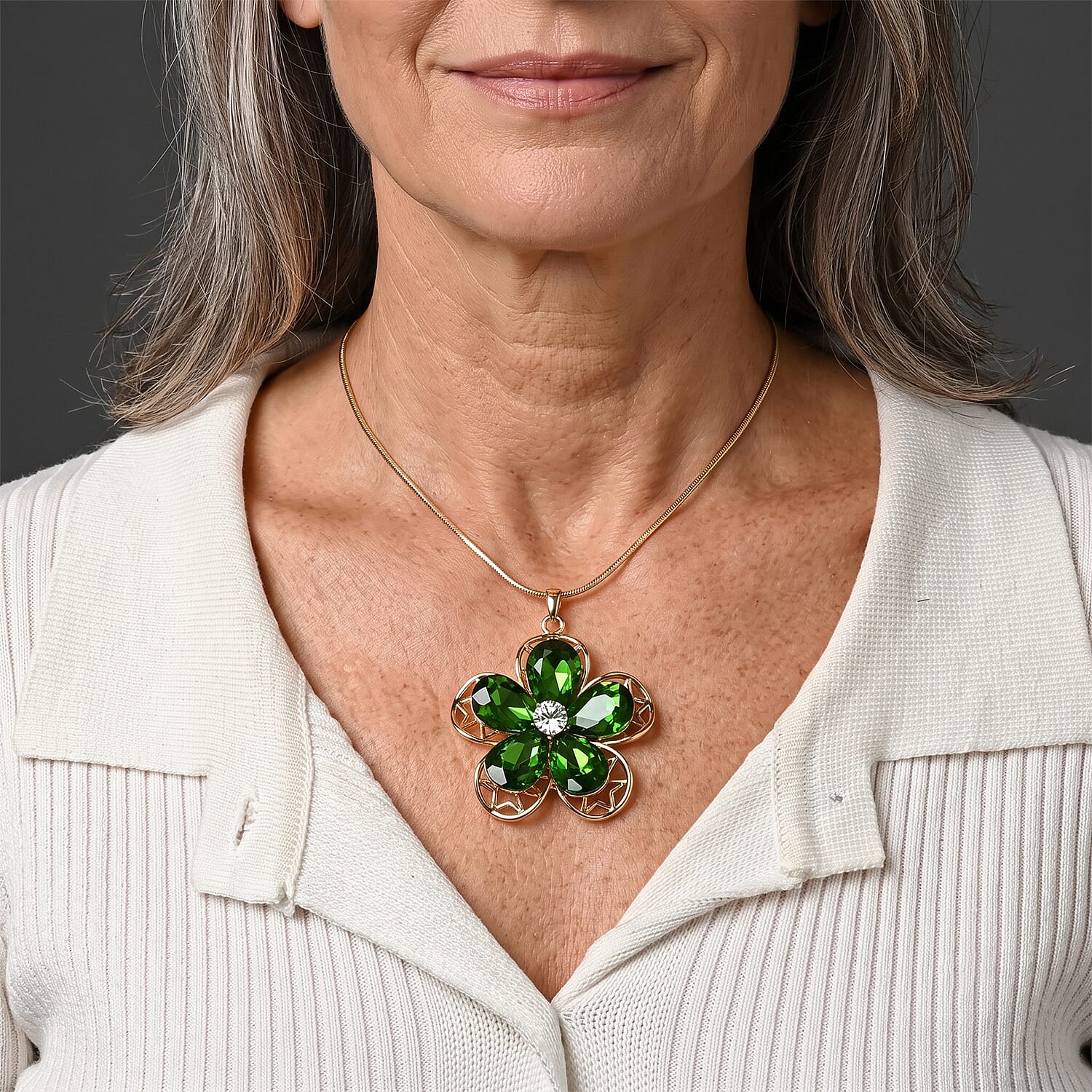 Green Glass, Austrian Crystal Flower Pendant Necklace (29.5-31.5Inches) in Goldtone