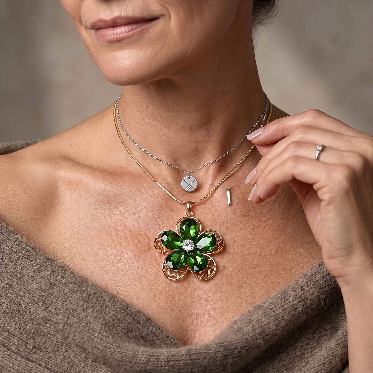 Green Glass, Austrian Crystal Flower Pendant Necklace (29.5-31.5Inches) in Goldtone