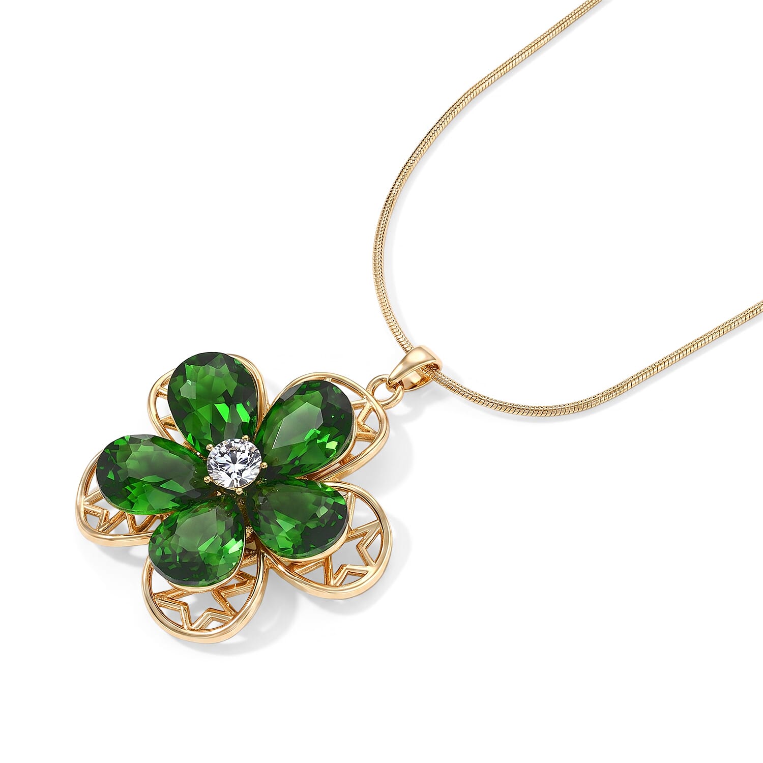 Green Glass, Austrian Crystal Flower Pendant Necklace (29.5-31.5Inches) in Goldtone