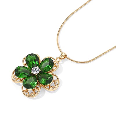 Green Glass, Austrian Crystal Flower Pendant Necklace (29.5-31.5Inches) in Goldtone