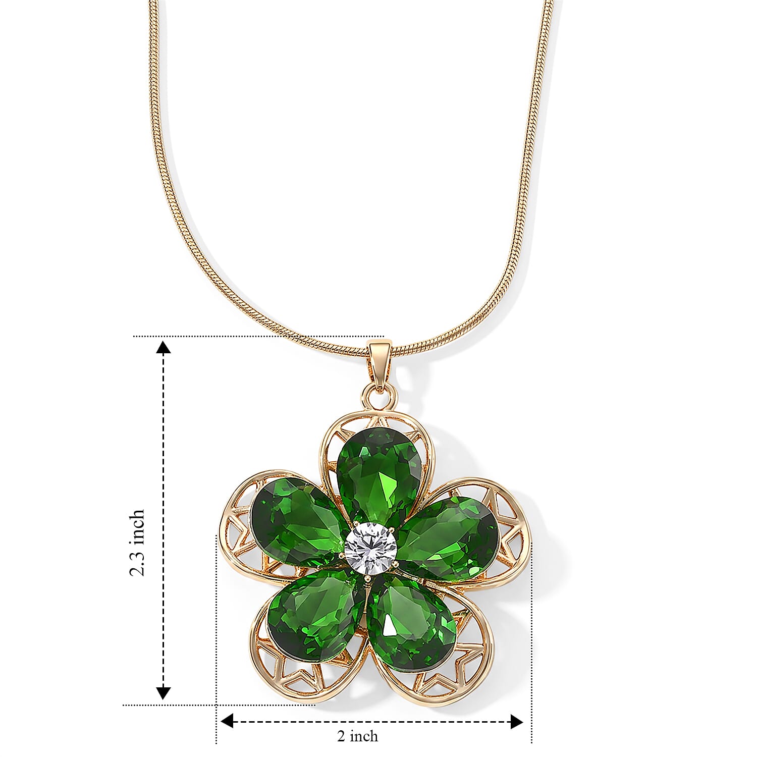 Green Glass, Austrian Crystal Flower Pendant Necklace (29.5-31.5Inches) in Goldtone